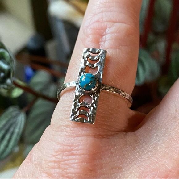 Copper Blue Turquoise Moon Phase Hammered Sterling Silver Ring Size 6.5 - Picture 1 of 7